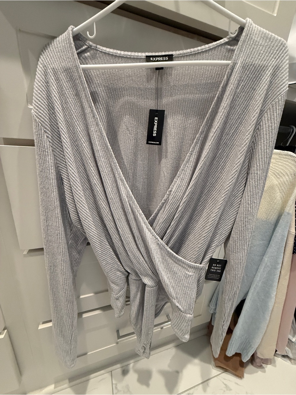 Express Gray Ribbed Wrap Long Sleeve Top